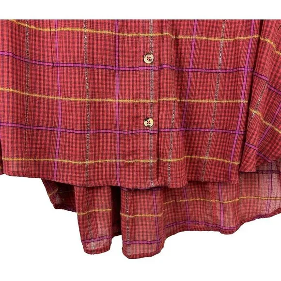 Free People Break Red / Orange Plaid My Stride Button Up /Down Long Sleeve Top S - Picture 10 of 11